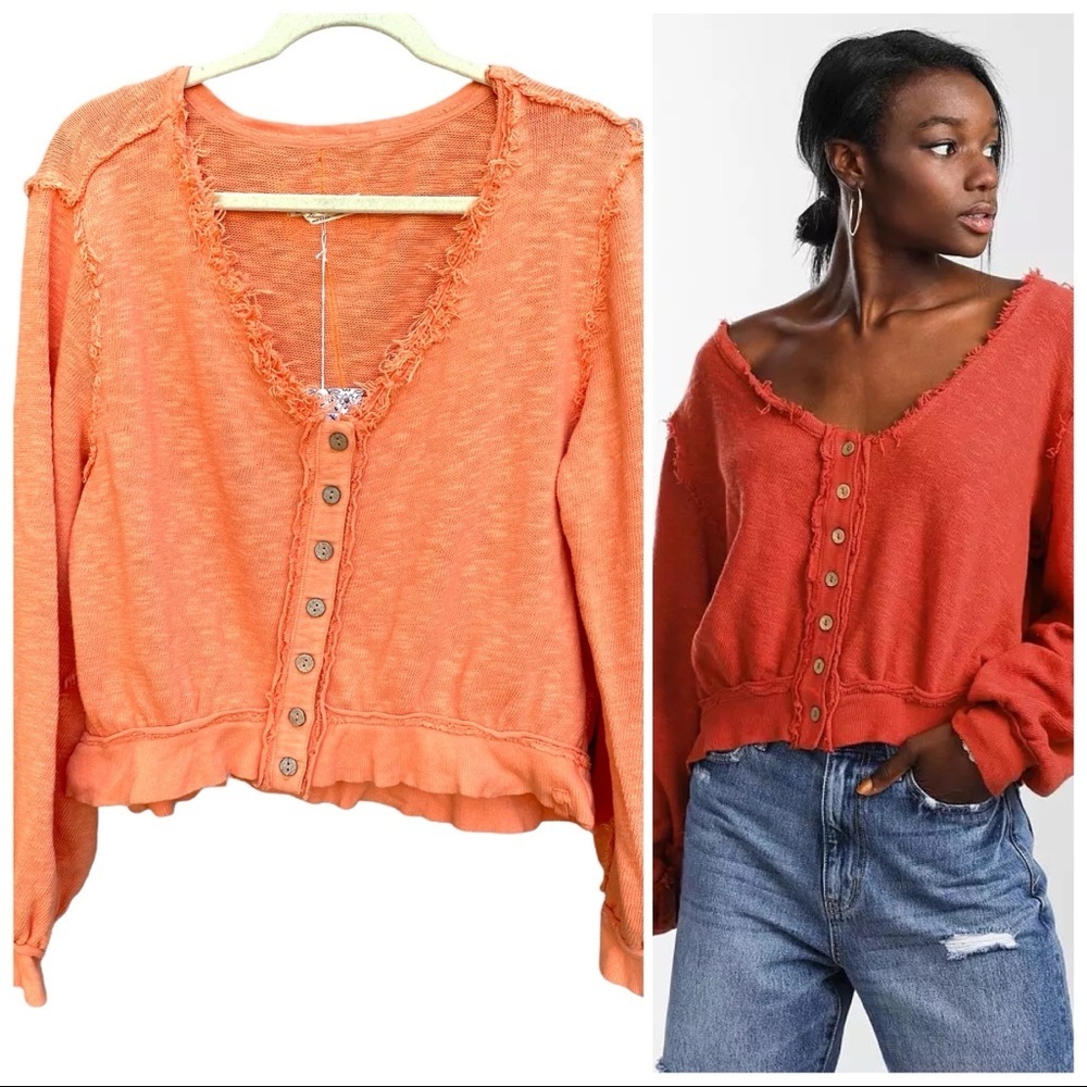 FREE PEOPLE GOLDEN ROAD scoop neck cropped cardigan in autumn peach sz S